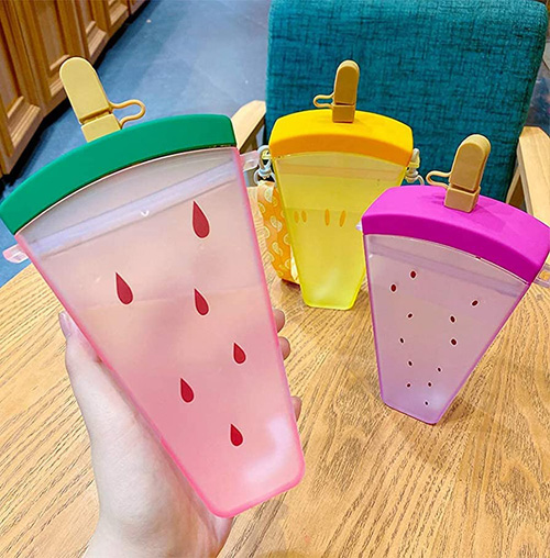 Cute Water Bottle with Straw Strap Creative Watermelon Ice Cream Anti-Fall Portable Popsicle Outdoor Camping Sports Travel Cup