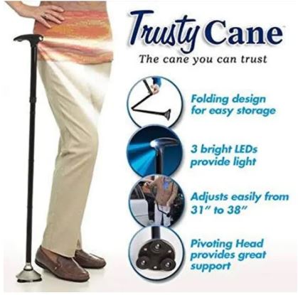 Trusty Cane Sturdy Folding Walking Triple Head With Built in Lights Fordable Walking Stick