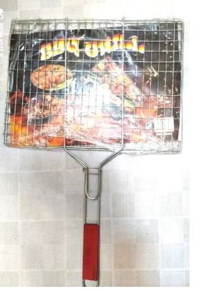 BBQ Square Grill Pan Wooden Handle Grill Bar B Q Stainless Steel Fish & Chicken Size Large