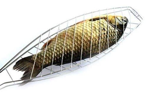 Kliznil Stainless Steel Fish Grill with Wooden Handle Roasted Portable Mini BBQ Grill Cooking Tools - Pack of 1 Pcs