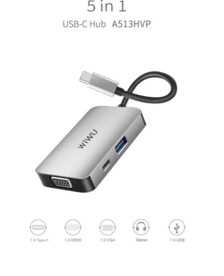 Wiwu Alpha 513HVP 5 in 1 Adapter USB Type-C To VGA, USB3.0, HDMI, 3.5mm Jack, PD Charge