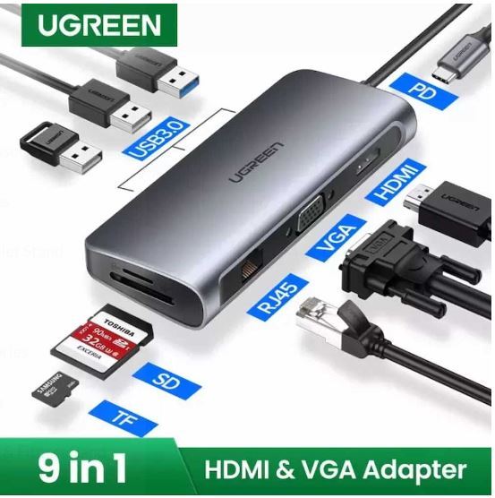 UGREEN 40873 9-in-1 USB-C PD to 4Kx2 K HDMI VGA RJ45 3x USB 3.0 SD TF Card