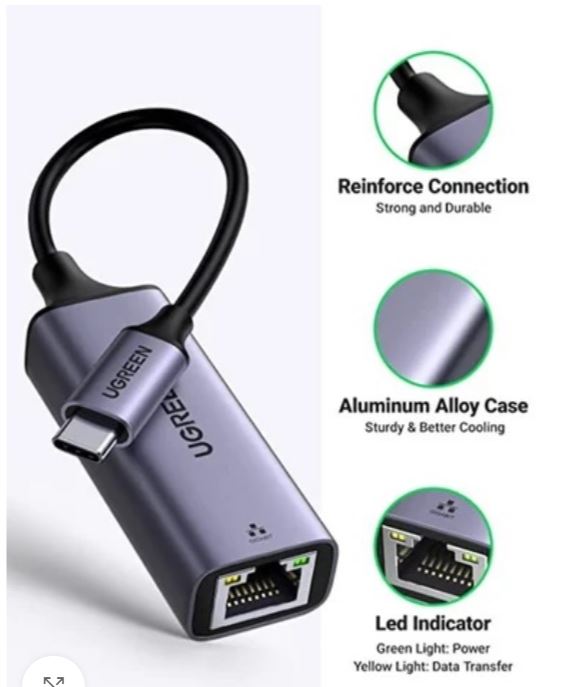 UGREEN 50737 TYPE-C TO GIGABIT ETHERNET ADAPTER ALUMINUM CASE