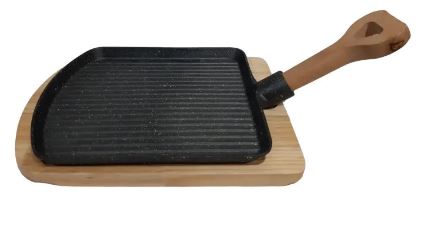 Sizzler Plate with Wooden Base Non Stick Steak Sizzler Tray Pan with Wooden Handle Small Large
